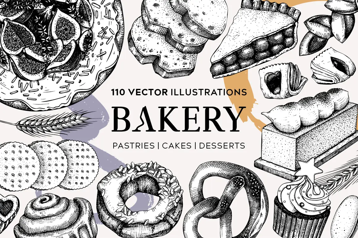 Bakery items collection. Cakes, pastries, cookies hand drawn illustrations. Food vector sketches. Illustration